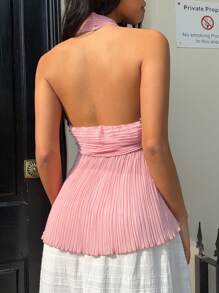 SHEIN EZwear 女士优雅纯色扭纹背心 - 粉色 - 查看 2