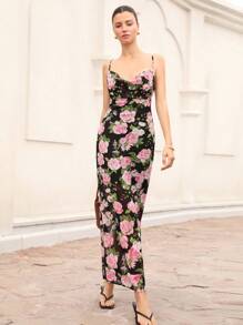 Aveloria فستان شيفون مطبوع بطبعة الورود الرومانسية الإيطالية ذو خصر عالي وياقة مفلورة للنساء، طراز أنيق وعصري مطبوع بالكامل مناسب للصيف والربيع والخريف - الأسود - مشاهدة 1