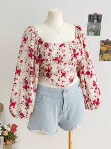 SHEIN WYWH 大码女式方领复古花卉印花灯笼袖衬衫，适合假期、秋冬季 - 彩色 - 查看 9