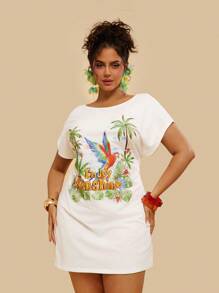 Travachic Tropischer Muster Große Größen Lässig Urlaub Strand lose Off-Shoulder Papagei Palme Gestricktes T-Shirt Kleid, Frauen Große Größen