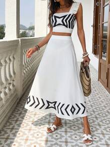 SHEIN VCAY Women's Spring Summer Boho 2pcs/Set Women Holiday Woven Printed Crop Cap Sleeves Top & High Waist Long Skirt Vacation Wear 2 Pieces Sets Woman Easter Outfit Women Beach Outfits For Woman Vacation Outfits Woman 2pcs/Set Beach Outfits For Woman