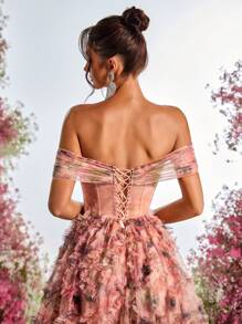 Glamrae Vestido largo de noche elegante, multicolor y romántico con estampado floral de tul, hombros descubiertos, abertura lateral alta y silueta de línea A para eventos formales, fiestas y bodas