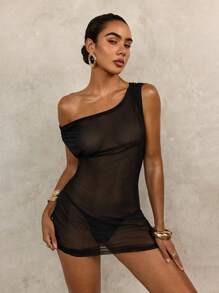 Swim Glamine 女士不对称肩部不对称领口荷叶边结饰连衣裙 - 黑色 - 查看 7