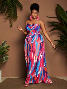 Maweii Plus Size Colorful Print Twisted Ruched High Waist Wide Leg Jumpsuits