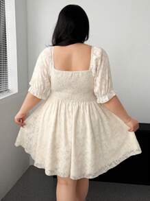 Vibekara 大码方领提花花卉雪纺拼接优雅可爱连衣裙，适合派对/度假，春/夏 - 杏色 - 查看 7