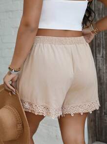 SHEIN VCAY Women Plus Size Linen Wide Loose Shorts,Tie Dye Summer Boho Holiday Beach Apricot Drawstring Waist Casual Resort Wear Western Hippie Rave - Apricot - View 2