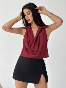 Firerie Elegant Retro Burgundy Draped Neck Blouse, Suitable For Daily Commute, Wedding, Spring & Summer - Burgundy - View 4