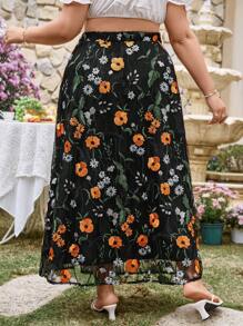 SHEIN VCAY Plus Size Bohemian Style Applique Side Split Double Layer Skirt