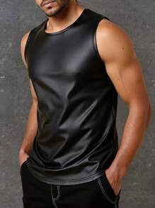Manfinity LEGND Men's Solid Color Round Neck PU Leather Casual Vest Men Muscle Shirts