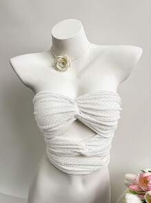 Lunelith SHEIN Lunessa Top corto con pliegues y retorcido hueco de terciopelo blanco, diseño minimalista de moda, adecuado para fiesta, vacaciones, diario, festival, primavera/verano