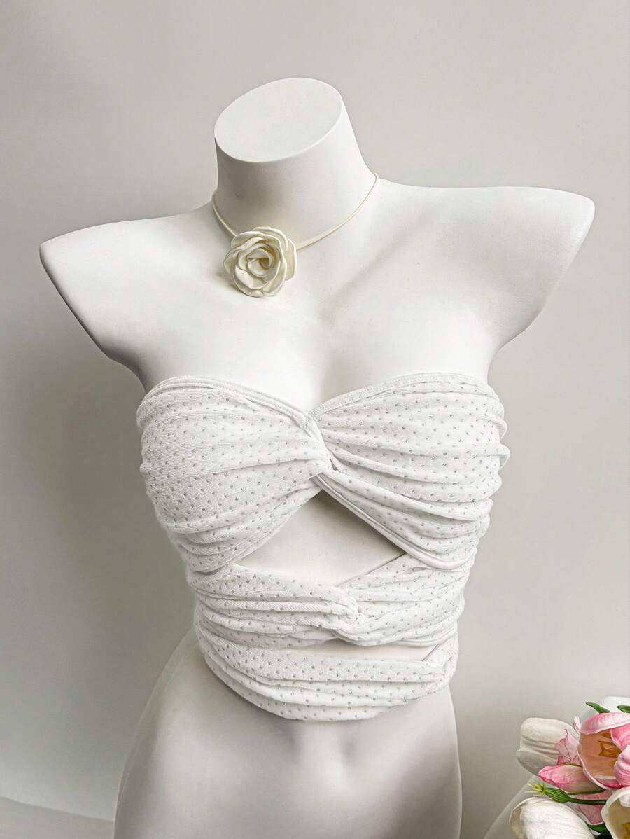 Lunelith SHEIN Lunessa Top corto con pliegues y retorcido hueco de terciopelo blanco, diseño minimalista de moda, adecuado para fiesta, vacaciones, diario, festival, primavera/verano