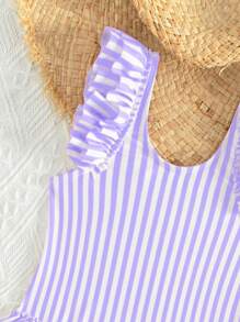 SHEIN Young Girl Swimsuit/Random Stripe/Ruffled Unlined/One-Piece Swimwear - Multicolor - View 3