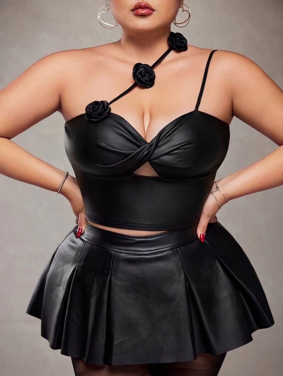 SHEIN ICON Plus Size Black Elastic Knit Front Twist Tank Top For Women, 3D Floral Decor Tank Top