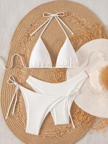 Swim Chiccia 3 件套女士纯色挂脖比基尼套装 - 白色 - 查看 3