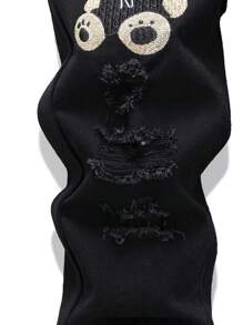 Young Boy Fashionable Casual Versatile Cute Graphic Bear & Letter Embroidered Denim Bib Overalls And Distressed Washed Denim Suspender Pants