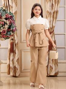 SHEIN Tween Girl Elegant Color Block Puff Sleeve Shirt And Long Pants 2 Pieces Set - Khaki - View 4