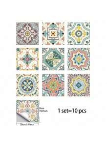 10 件复古花卉图案瓷砖贴纸，自粘 PVC 墙纸适用于厨房、客厅、浴室、卧室、墙壁、地板、家具 DIY 装饰、贴纸、墙贴花、乙烯基贴花用于家居装饰、春季装饰品刷新您的家、拉玛装饰贴纸地砖地板地砖自粘地砖剥离粘贴客厅装饰房间装饰 - 彩色 - 查看 6