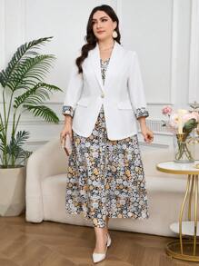 Modelyn Plus Size Ditsy Floral Patchwork Blazer And Dress Set In Fall/Winter