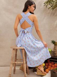 WESTFADE Summer Cherries Printed Gingham Smocked Square Neck Cute Bow Tie Backless A Line Ruffle Midi Dress Country Western Cowgirl Dress Spring Break Beach Vacation Outfit - Blue - View 1