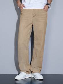 Manfinity Homme Men's Straight Relaxed Fit Multi-Pocket Casual Denim Jeans - Khaki - View 6