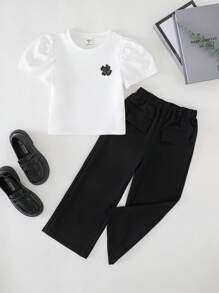 PrepCrw Set van 2 stuks met gebreid T-shirt met borduursel en geweven lange broek in lente-/zomerstijl voor jonge meisjes