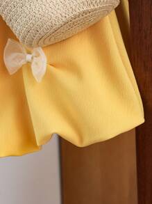 SHEIN 女婴无袖蝴蝶结装饰荷叶边下摆夏季连衣裙 - 黃色 - 查看 4