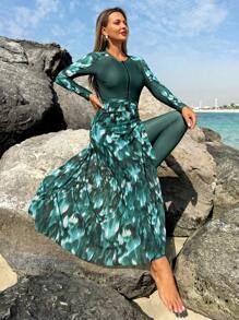 Swim Mulvari 1pc Women's Conservative Full Coverage One-Piece Swimwear, Tie-Dye Color Block, Green-Based, Suitable For Vacation - Multicolor - View 4