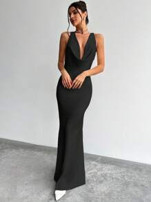 Firerie Nowość na Walentynki Prosta Elegancka Romantyczna Randka Impreza Seksowna Głęboki Dekolt w Serek Odkryte Plecy Ściągana Talia Biała Sukienka Maxi - Czarne - Zobacz 5