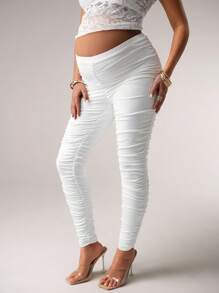 MaterniChic Solid Color Knit Slim Fit Maternity Leggings For Sexy Party - White - View 1