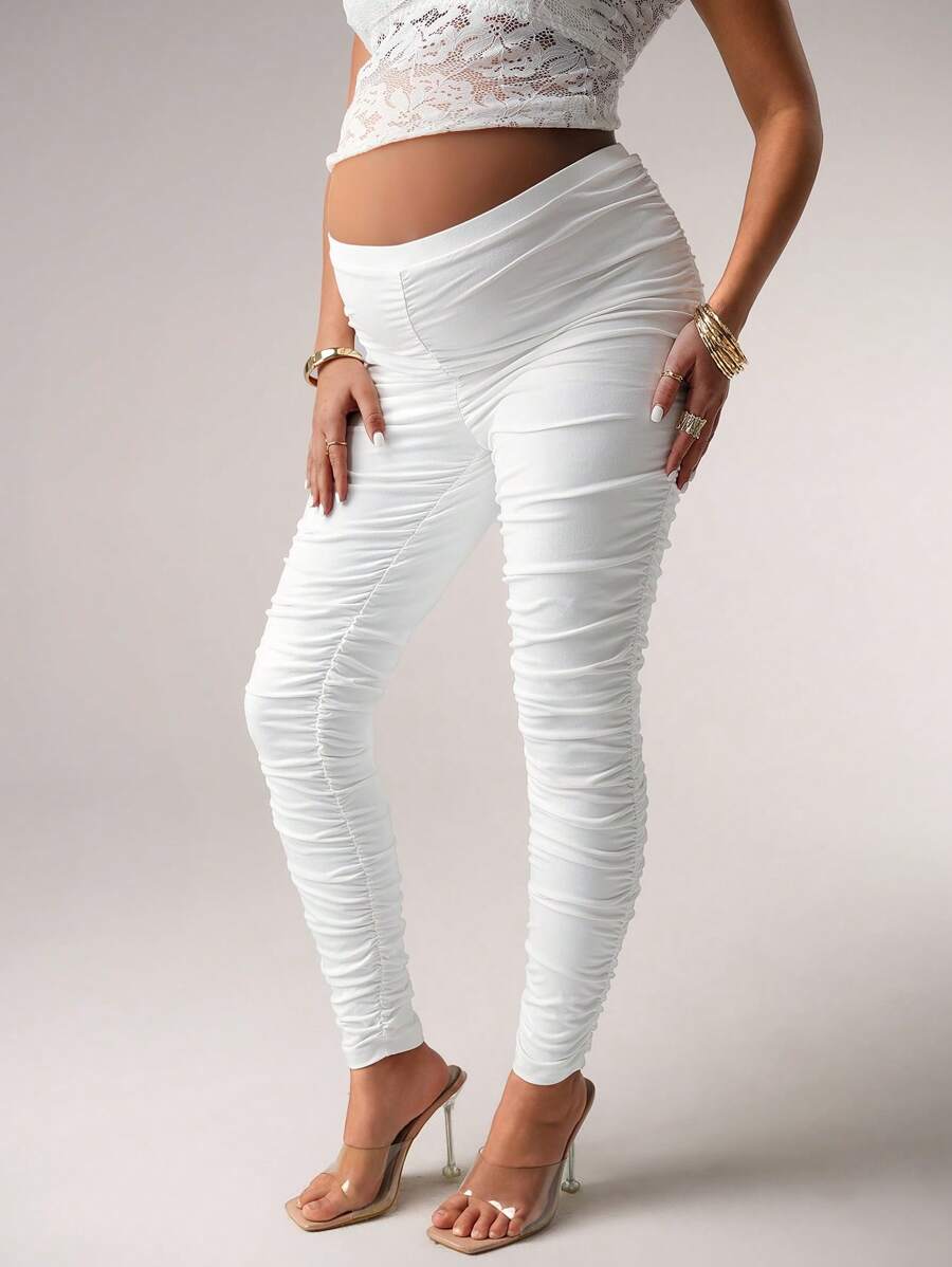 MaterniChic Solid Color Knit Slim Fit Maternity Leggings For Sexy Party - White - View 1