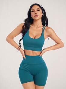 Hanevo Women Professional Sport 3-Piece Set: Solid Color Tank Top & Shorts Sportwear For Daily Wear - Dark Green - View 5