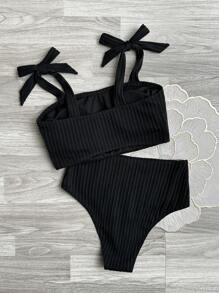 SHEIN Swim 2pcs/Set Solid Color Special Fabric Bandeau & Tie Shoulder Triangle Bottom Minimalist Casual Swimwear Set For Summer Beach Vacation - Black - View 3