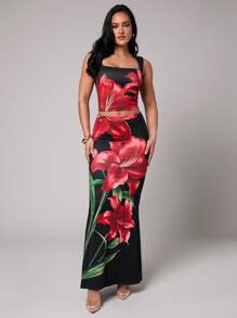 Silquee Ensemble camisole col V + jupe crayon taille basse moulante pour femmes, imprimé floral, ensemble ajusté et extensible, convient pour les vacances de printemps/été, la plage, les couvre-maillots de bain, les sorties du soir, les réunions entre amies, les fêtes de plage, les fêtes de piscine, les tenues de vacances, les fêtes dans la nature, les retraites en cabane, la Saint-Valentin romantique et les sorties en amoureux, deux-pièces, encolure asymétrique