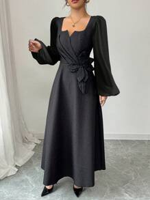 Modelyn Vestido ajustado de línea A con manga larga, efecto patchwork y jacquard para mujer - Negro - Ver 4