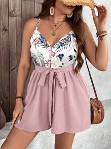 Breezaya 大码女式热带植物印花无袖连体裤