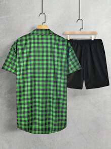 Manfinity Homme 2 件套大码男士休闲短袖衬衫和短裤套装，夏季时尚