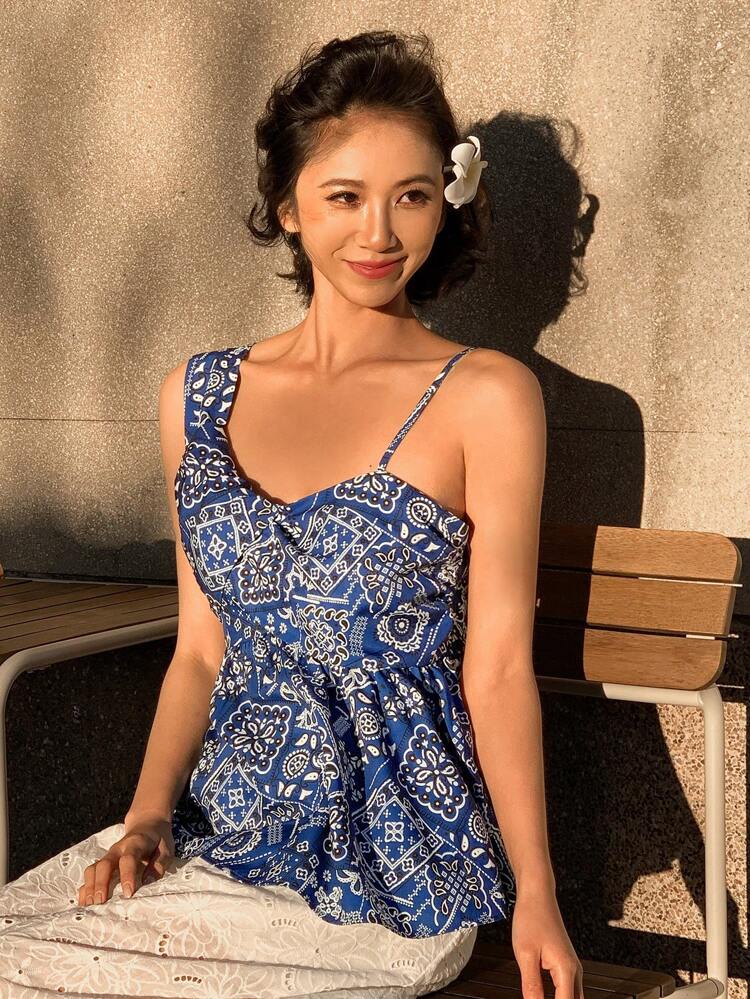 Women's Casual Holiday All-Over Print Asymmetrical Neck Camisole,Boho Tops,Babydoll Top