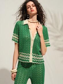 Arave Women's Fashionable Casual & Holiday Style Wave Hollow-Out Contrast Color Polo Collar Short Sleeve Top And Wide Leg Pants Set, Spring/Summer,Sets For Women,Summer Outfits For Women,Two Pieces Set Women,Green Set,Vacation Outfits Woman,Two Pieces Set Women