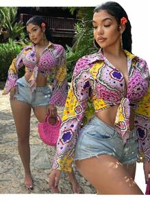 SHEIN SXY Women's Front Tie Long Sleeve Printed Casual Short Blouse,Spring Break,Boho,Old Money,Cover Ups,Beach,Boho,Summer,Vacation,Sexy - Multicolor - View 1
