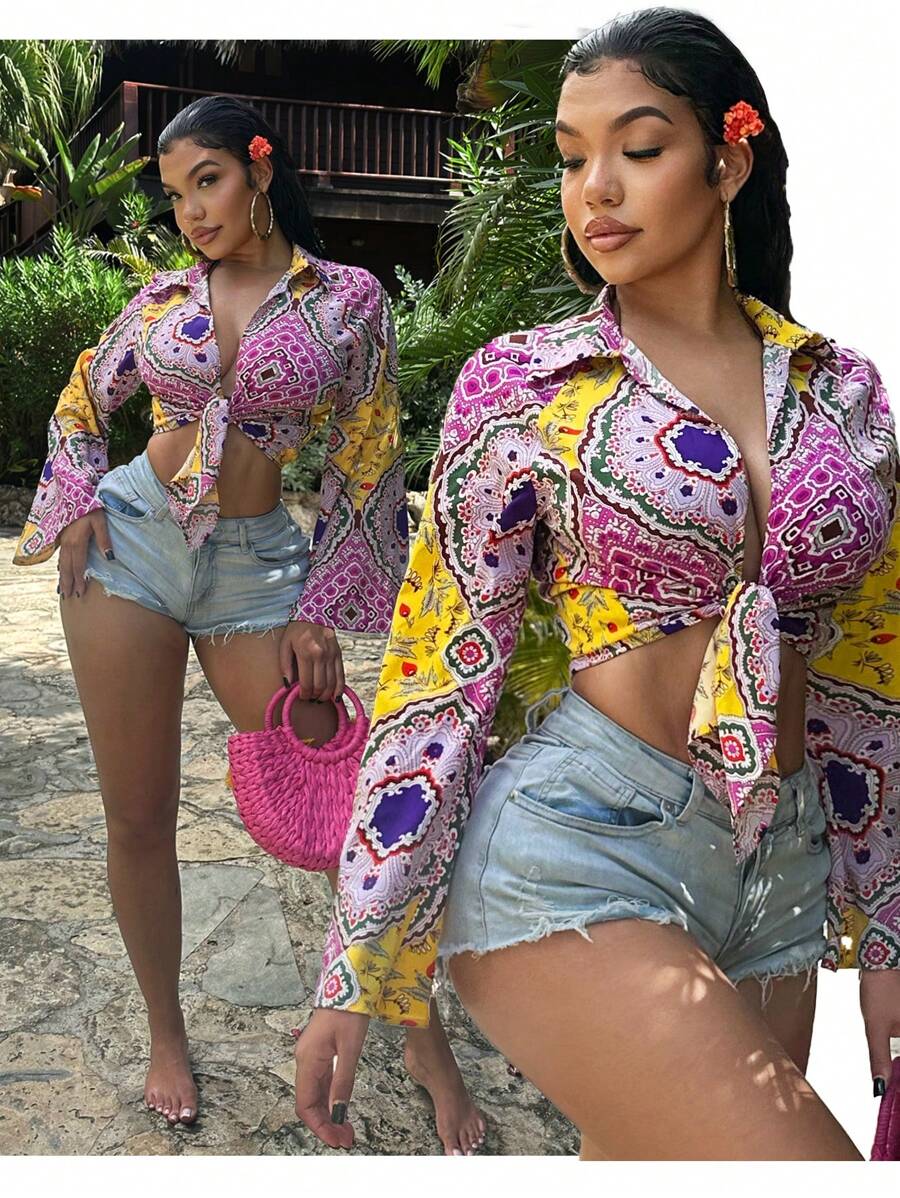 SHEIN SXY Women's Front Tie Long Sleeve Printed Casual Short Blouse,Spring Break,Boho,Old Money,Cover Ups,Beach,Boho,Summer,Vacation,Sexy - Multicolor - View 1