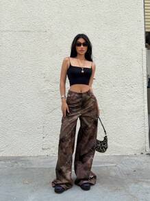 SHEIN EZwear Summer Concert Women Western Music Festival Graphic Loose Wide Leg Pants