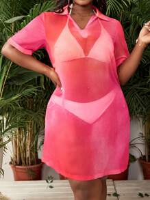 SHEIN Swim Curve Plus Size Women Solid Color Short Sleeve Smock Top For Summer Beach Vacation - Red - View 5