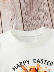 2025 Spring/Summer New Casual Comfortable White Cute Easter Bunny Print Young Girls 2pcs Set With Blue Pants, Suitable For Daily Wear, Outdoor Play And Family Holiday Gatherings Young Girls Clothing Easter Young Girl Summer Sets Young Girls Clothing Young Girls Sets - Apricot - View 6