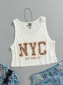 SHEIN EZwear 女士休闲宽松超大 U 领短款无袖上衣，纽约印花和豹纹图案 - 白色 - 查看 6