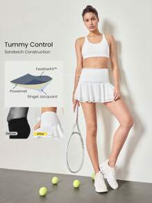 GLOWMODE 5'' FeatherFit™-Air Sweat-Wicking Quick-Dry Court Crush Ultra High Waist Tummy Control Mesh Tennis Skirt With Built-In Shorts Side Pockets Non-Slip Grips Low Impact Tennis Golf Pickleball Daily Wear - White - View 3