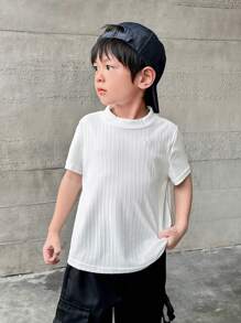 SHEIN Leap Crew 男童休闲舒适百搭纯色高领短袖上衣 - 白色 - 查看 3