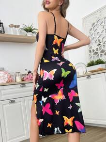 女士蝴蝶印花撞色蕾丝紧身吊带背心睡袍 - 彩色 - 查看 2