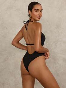 SHEIN Swim 1pc Women's Floral Print Backless Halter One-Piece Swimsuit, Vacation & Beach For Summer