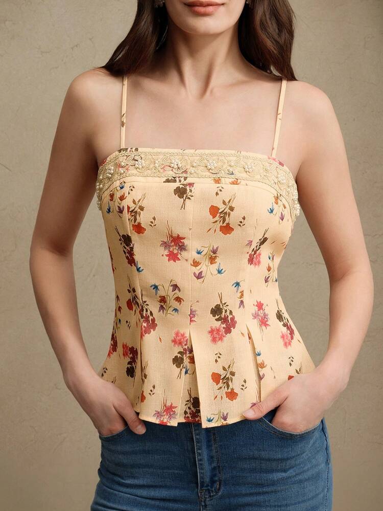 Floral, Backless, Chic Romantic Party Date Fashionable Elegant Faux Pearl Ribbon Decor Camisole Floral Print Cami Top, Spring/Summer