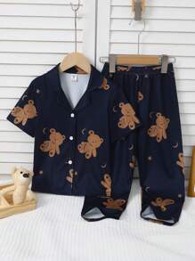 SHEIN Young Girl' 2pcs Set Apricot Casual & Comfy T-Shirt With Bear Print And Long Pants Home Outfit - Navy Blue - View 1